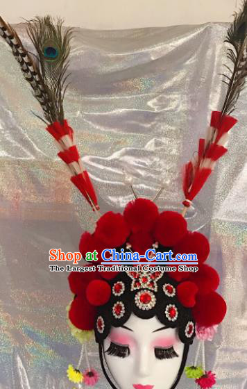 Traditional Chinese Opera Blades Red Phoenix Coronet Headdress Peking Opera Diva Hair Accessories for Kids