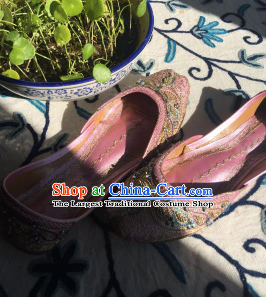 Asian India Traditional Bride Embroidered Pink Leather Shoes Indian Handmade Shoes for Women