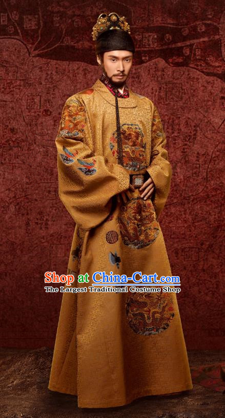 Chinese Ancient Drama Ming Dynasty Yingzong Emperor Imperial Robe Zhu Qizhen Lay Zhang Replica Costumes and Headpiece Complete Set