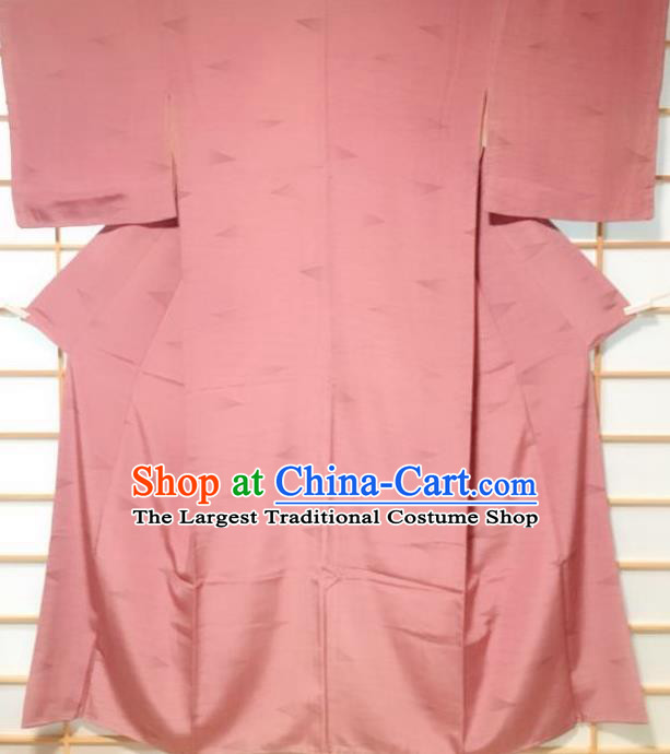 Japanese Classical Rhombus Pattern Deep Pink Silk Kimono Japan Traditional Yukata Dress Costume for Women