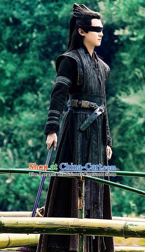 Chinese Drama Joy of Life Ancient Blind Swordsman Qing Yu Nian Wuzhu Replica Costume and Headpiece Complete Set