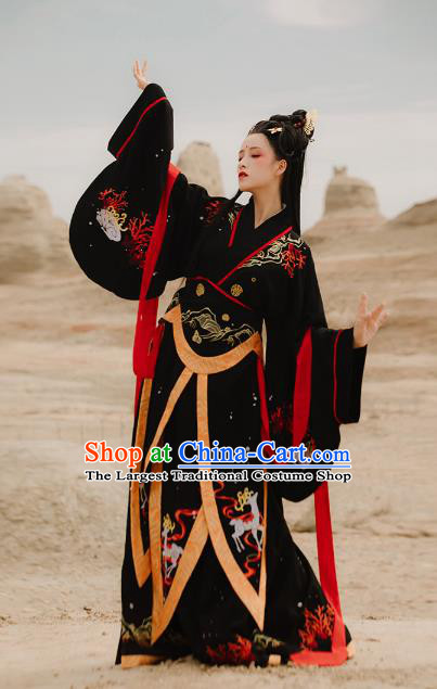 Traditional Chinese Ancient Goddess Black Hanfu Dress Han Dynasty Imperial Consort Historical Costumes for Women