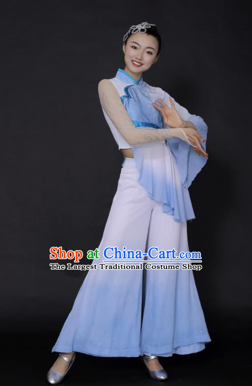 Chinese Traditional Fan Dance Blue Outfits Folk Dance Stage Performance Costume for Women