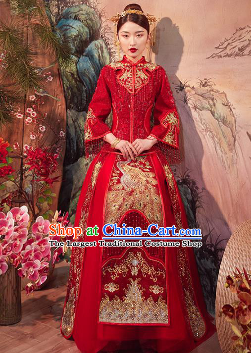 Chinese Traditional Wedding Dress Ancient Bride Embroidered Peacock Xiuhe Suits Costume for Women