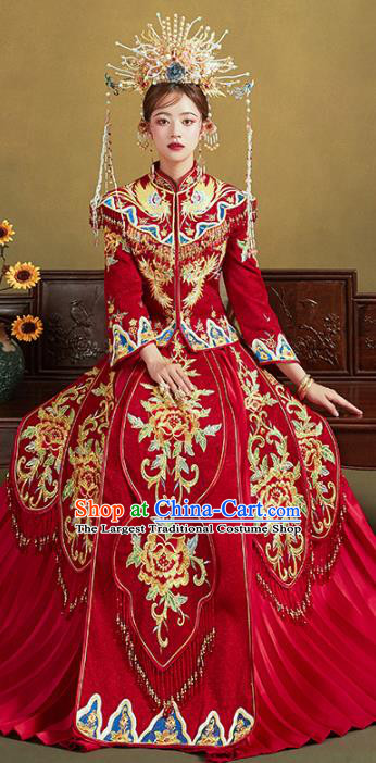 Chinese Traditional Embroidered Peony Red Xiuhe Suits Wedding Dress Ancient Bride Costume for Women