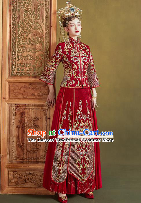 Chinese Traditional Embroidered Red Xiuhe Suits Wedding Dress Ancient Bride Costume for Women