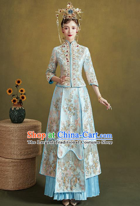 Chinese Traditional Embroidered Blue Xiuhe Suits Wedding Dress Ancient Bride Costume for Women