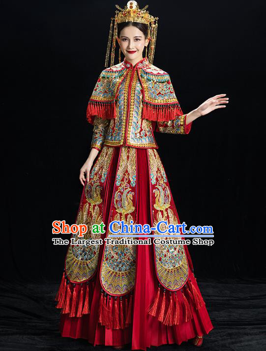 Chinese Traditional Embroidered Phoenix Tassel Xiuhe Suits Wedding Dress Ancient Bride Costume for Women