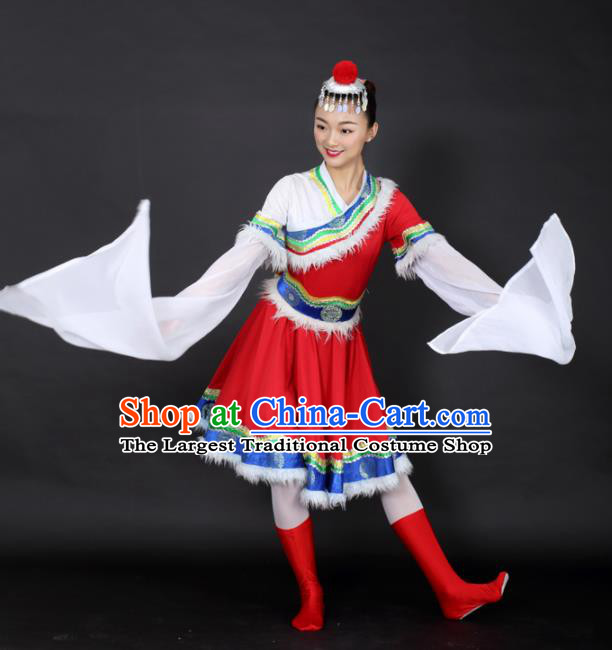 Chinese Tibetan Dance Red Short Dress Traditional Zang Nationality Stage Performance Costume for Women