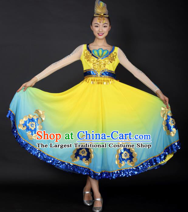 Chinese Uigurian Dance Yellow Dress Traditional Uyghur Nationality Stage Performance Costume for Women