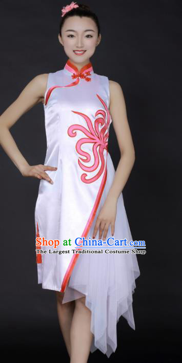 Chinese Classical Dance White Veil Short Qipao Dress Traditional Fan Dance Stage Performance Costume for Women