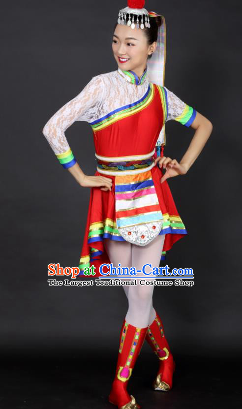 Chinese Tibetan Dance Red Short Dress Traditional Zang Nationality Stage Performance Costume for Women