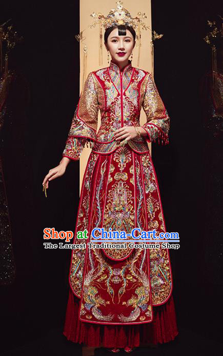 Chinese Traditional Embroidered Drilling Phoenix Xiuhe Suits Wedding Dress Ancient Bride Costume for Women