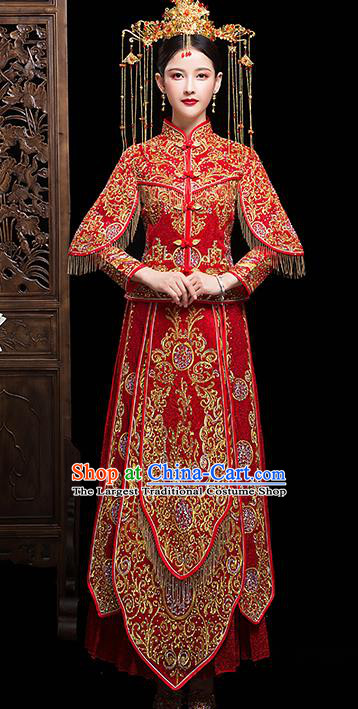 Chinese Embroidered Red Xiuhe Suits Traditional Wedding Bride Dress Ancient Costume for Women