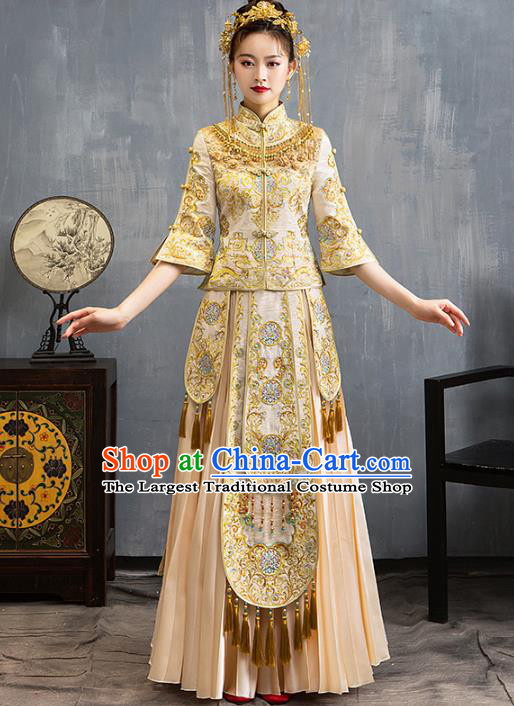 Chinese Traditional Embroidered Golden Xiuhe Suits Wedding Dress Ancient Bride Costume for Women