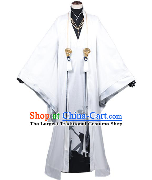 Traditional Chinese Cosplay Royal Highness White Costume Ancient Swordsman Hanfu Clothing for Men