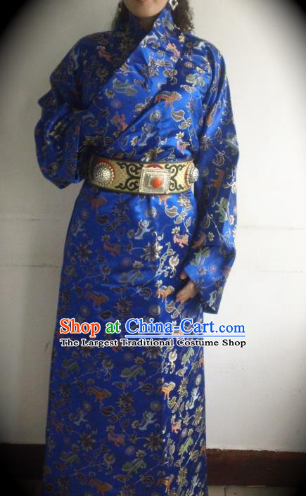 Chinese Zang Nationality Folk Dance Costume Royalblue Tibetan Robe Traditional Ethnic Dress for Women