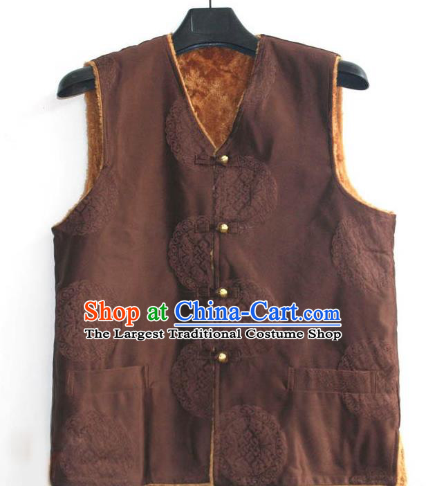 Chinese Tibetan Buddhism Brown Woolen Vest Traditional Monk Waistcoat Upper Outer Garment for Men