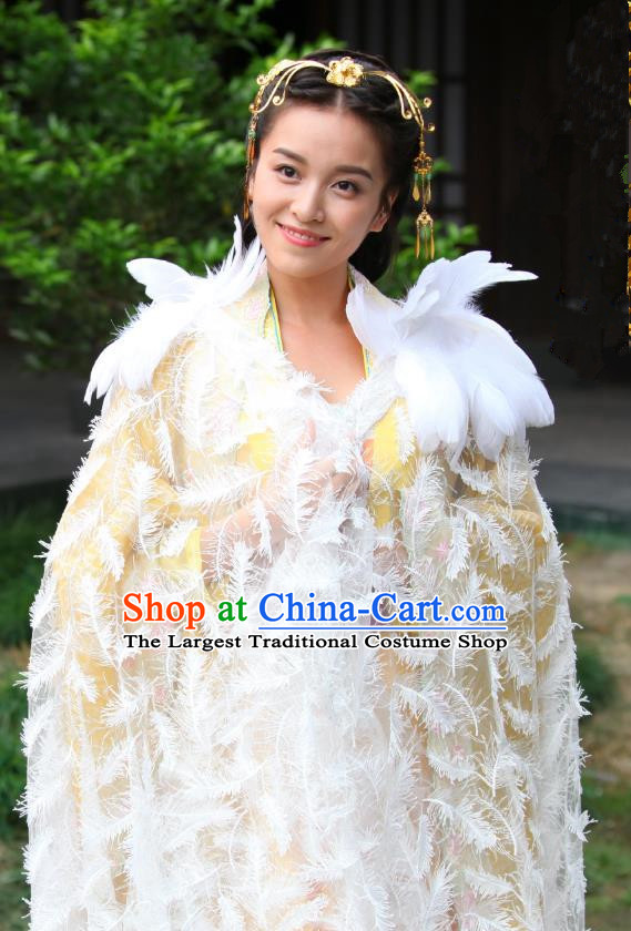 Chinese Drama Devastating Beauty Ancient Noble Lady Jing Nanyi Feather Costume and Headpiece for Women