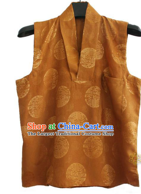 Chinese Tibetan Buddhism Brown Satin Vest Traditional Monk Waistcoat Upper Outer Garment for Men