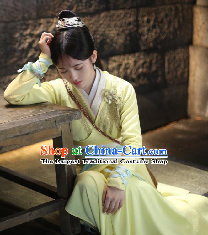 Chinese Ancient Princess Han Yunxi Yellow Hanfu Dress Drama Legend of Yun Xi Costume and Headpiece for Women