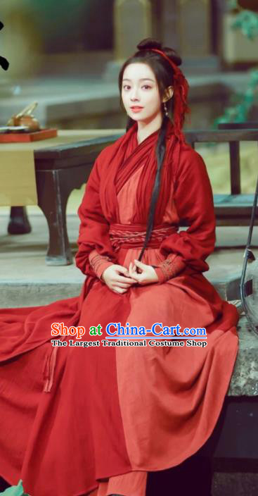 Chinese Ancient Swordswoman Feng Wanmian Red Hanfu Dress Drama The Love Lasts Two Minds Costume and Headpiece for Women