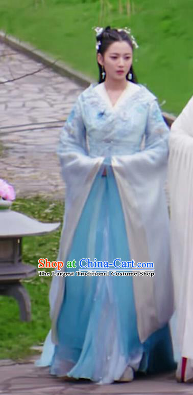 Chinese Ancient Royal Infanta Blue Hanfu Dress Drama The Love Lasts Two Minds Costume and Headpiece for Women