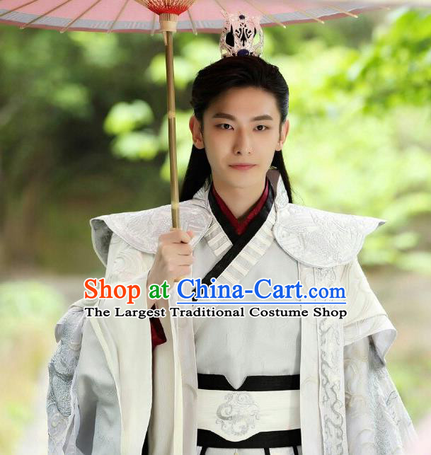 Chinese Ancient Crown Prince Mo Liancheng White Clothing Historical Drama The Eternal Love Costume and Headwear for Men