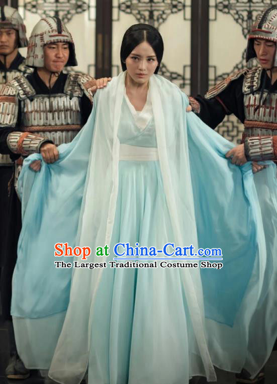 Chinese Ancient Elder Princess Pang Zhen Blue Hanfu Dress Historical Drama Legend of the Phoenix Costume and Headpiece for Women