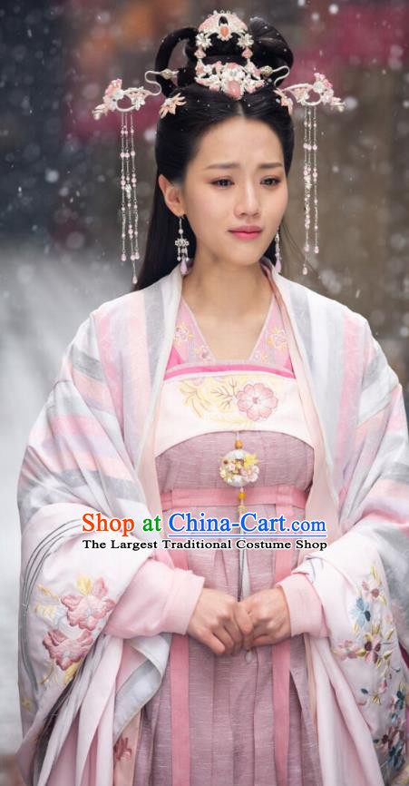 Chinese Ancient Noble Princess Qiao Huixin Pink Hanfu Dress Historical Drama The Love By Hypnotic Costume and Headpiece for Women