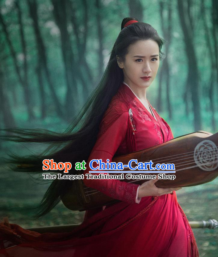 Chinese Ancient Female Swordsman Shu Jingrong Red Hanfu Dress Historical Drama Listening Snow Tower Costume and Headpiece for Women