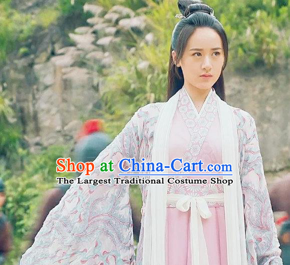 Chinese Ancient Demon Swordsman Shu Jingrong Pink Hanfu Dress Historical Drama Listening Snow Tower Costume and Headpiece for Women