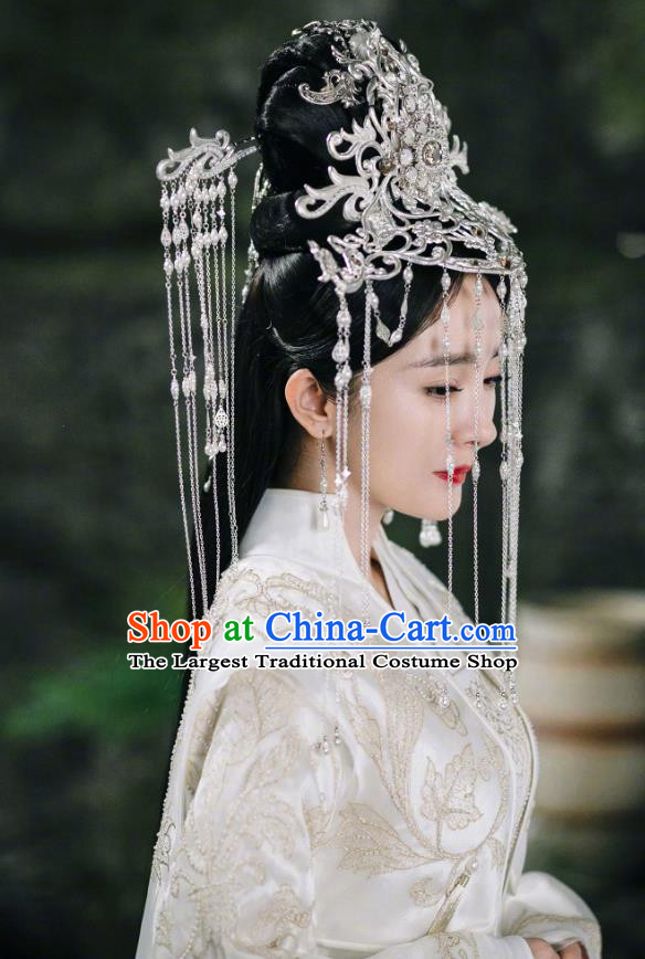 Chinese Ancient Goddess Drama Sansheng Sanshi Pillow Eternal Love Bai Qian Wedding Costume and Headpiece Complete Set