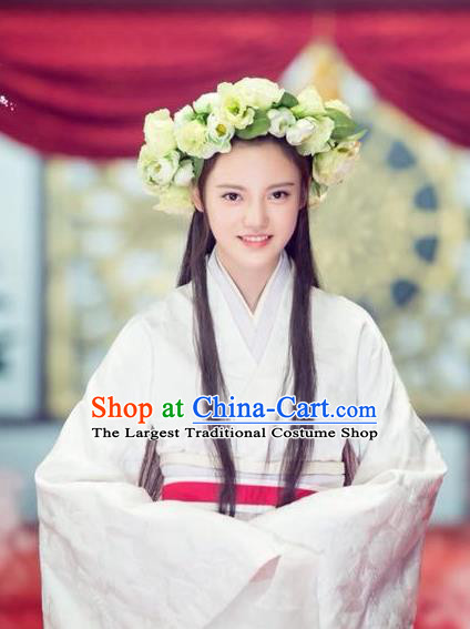 Chinese Ancient Qin Dynasty Noble Lady Tian Yi White Dress Historical Drama Hero Dream Costume and Headpiece for Women