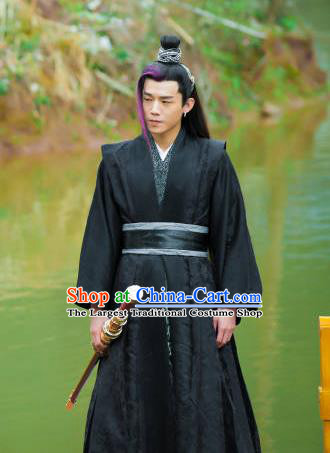 Chinese Ancient Swordsman Hanfu Robe Drama Men with Sword King Zhi Ming Costumes and Headwear