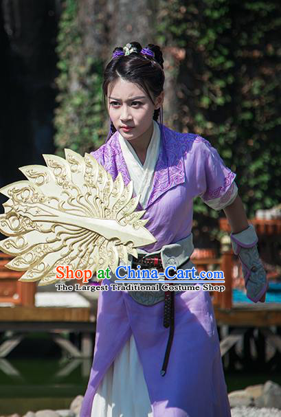 Chinese Ancient Female Swordsman Purple Dress Historical Drama The Taosim Crandmaster Donghuang Xiao Yu Costumes and Hair Accessories