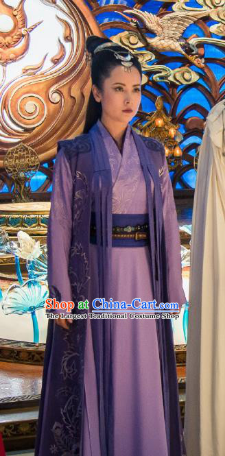 Chinese Ancient Swordsman Costume Historical Drama The Taosim Crandmaster Female Swordsman Lian Bixie Purple Dress and Hair Accessories