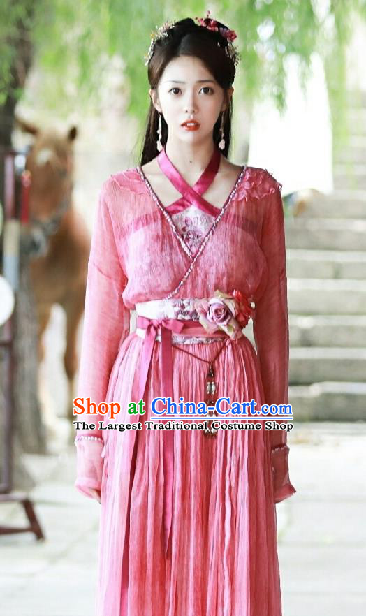 Chinese Ancient Courtesan Historical Costumes and Headpieces Drama the Birth of the Dream King Yue Qingqing Pink Dresses