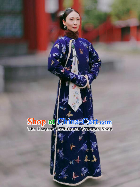 Chinese Ancient Royal Dame Garment Court Manchu Blue Qipao Dress and Headpieces Drama Dreaming Back to the Qing Dynasty Fourth Rani Apparels Costumes