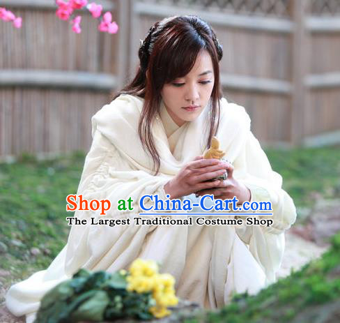 Chinese Ancient Young Lady Apparels and Headpieces Drama Butterfly Sword Costumes Sun Xiaodie White Hanfu Dress Garment