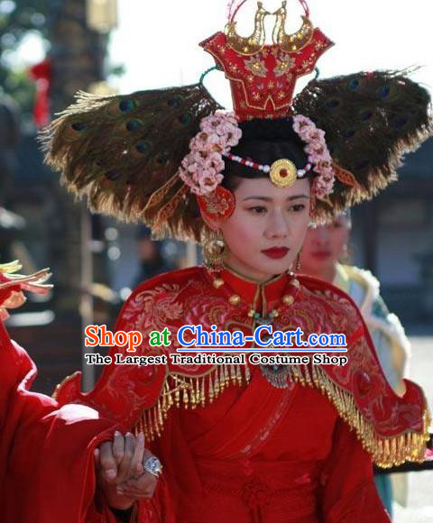 Chinese Ancient Female Castellan Red Apparels and Headdress Drama Turbulence of the Mu Clan A Leqiu Wedding Costumes Garment