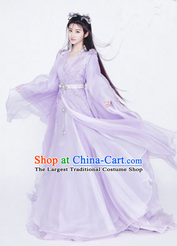 Chinese Ancient Fairy Apparels Garment and Hair Accessories Wuxia Drama The King of Blaze Apparels Qian Mei Purple Dress Costumes