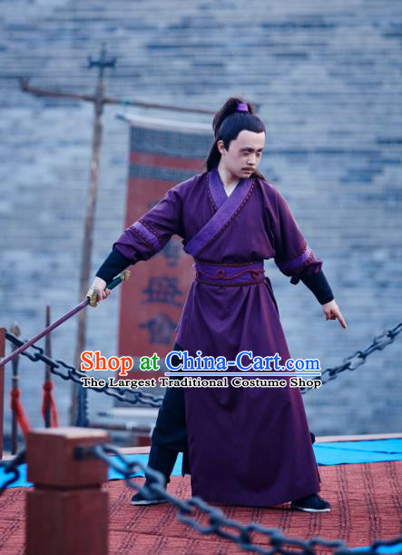 Chinese Ancient Knight Purple Apparels Knight Costumes and Headwear Wuxia Drama Xiya Xia Garment