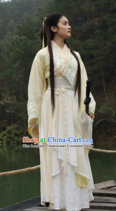 Chinese Ancient Ming Dynasty Garment Beige Dress Costumes and Headpieces Drama Legend of the Concubinage Female Swordsman Liu Ruobing Apparels