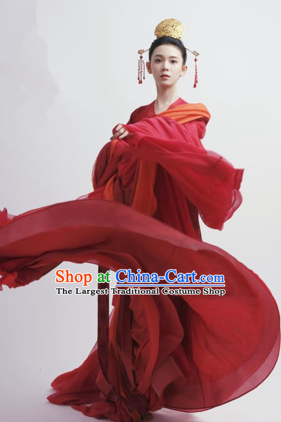 Chinese Ancient Tang Dynasty Red Hanfu Dress Apparels Costumes and Headdress Drama Wu Xin The Monster Killer Noble Lady Liu Qingluan Garment