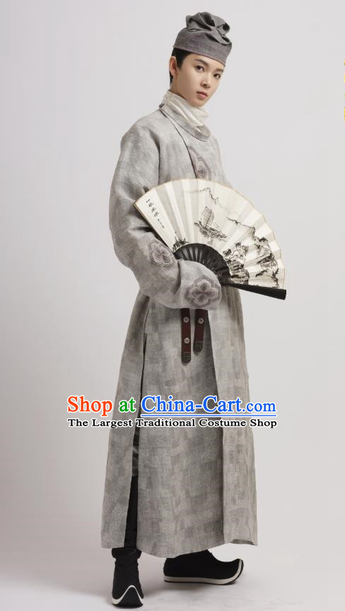 Chinese Ancient Swordsman Grey Garment and Headwear Drama Wu Xin The Monster Killer Tang Dynasty Kawaler Liu Qinghu Apparels Clothing