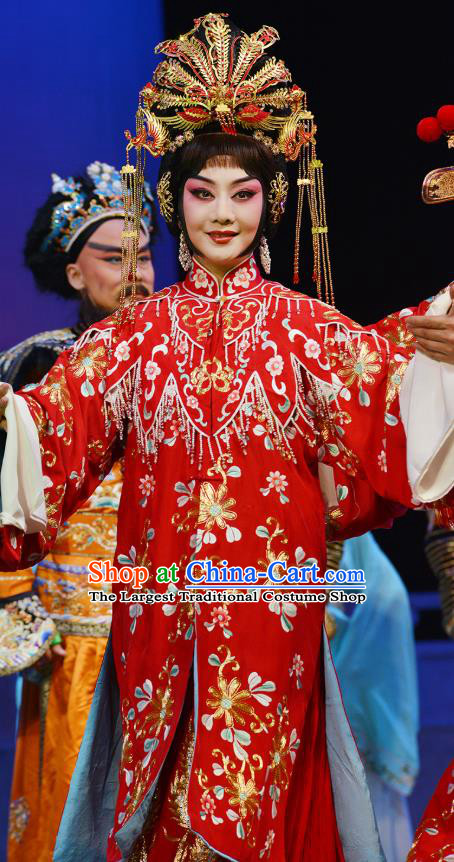 Chinese Cantonese Opera Hua Tan Wedding Red Dress Costumes Princess Chang Ping Peking Opera Diva Apparel Garment and Headdress