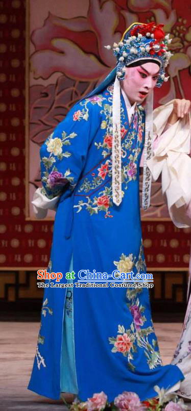 Chinese Peking Opera Niche Garment The Dream in Lady Chamber Young Male Apparels Blue Costumes and Headwear