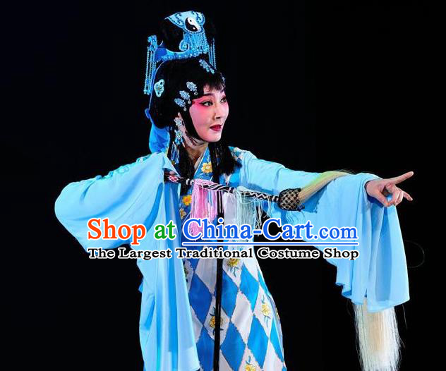 Chinese Traditional Kun Opera Taoist Nun Diva Costumes Peking Opera Jade Hairpin Apparel Hua Tan Blue Garment and Headwear