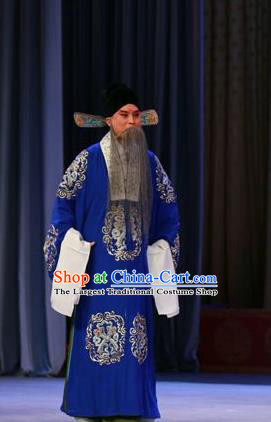 Chinese Peking Opera Costumes Garment Peking Opera Lv Bu and Diao Chan Old Men Apparels Blue Robe and Headwear